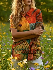  женская блузка пуговицы принт графический геометрический богемный отпуск винтаж короткий рукав текстурированная ткань рубашка воротник обычный топы повседневный отдых выход в свет красный лето весна