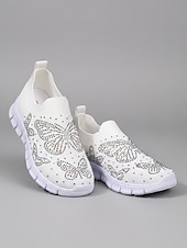 economico Sneakers da donna-Sneakers da donna bianche in maglia con farfalle e strass: scarpe da passeggio leggere e traspiranti, facili da indossare, con suola flessibile antiscivolo, scarpe casual scintillanti per viaggiare,