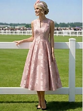 economico Lunghezza alla caviglia-Linea ad A Lunghezza alla caviglia Lunghezza Tè Abito Derby Abito da cerimonia per signora Senza Maniche Scollo a V Elegante Vintage Formale Derby del Kentucky Jacquard con Pieghe