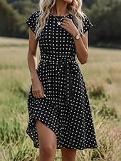 economico Abiti casual floreali-Per donna Abito Midi Vestito Casual Vestito in Chiffon Abito a trapezio Abito Floreale Elegante Vintage Moda All'aperto Vacanza Uscire Vestibilità regolare A Pois Manica Corta Scollo a V Blu Nero