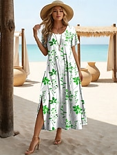 Χαμηλού Κόστους Floral φορέματα-γυναικείο φόρεμα μίντι μπλε και άσπρο λουλούδια διακοπές φόρεμα σε γραμμή α διακοπές casual παραλία αργία ραντεβού φαρδιά εφαρμογή φλοράλ γραφικό κοντομάνικο στρογγυλή λαιμόκοψη μπλε κίτρινο κόκκινο μωβ καλοκαίρι άνοιξη