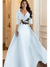 cheap Ball Gown Evening Dresses-A-Line Floor Length Evening Gown Elegant 3/4 Length Sleeve Shirt Collar Formal Satin with Appliques
