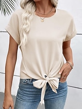 abordables T-shirt uni-Femmes T-shirt Nœud Uni Mode Élégant Classique Manche Courte Col ras du cou Hauts Réguliers Quotidien Sortir Week-end Noir Blanche Vin Marron Beige Été Printemps