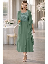  Duas Peças Linha A Longuette Vestido de convidada de casamento Vestido Para Mãe dos Noivos Meia Manga Scoop pescoço Elegante Formal Kentucky Derby Semi formal Chiffon Vestidos curtos com Bordado