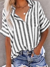 economico Camicie-Per donna Camicie effetto lino Blusa Camicia in finto lino Bottoni Stampato A righe Elegante Casual Mezza Manica Colletto a Camicia Top Regolari Quotidiano Blu Nero Giallo Rosa Verde Estate Primavera