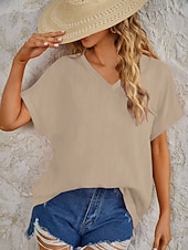 economico Bluse Semplici-Per donna Maglietta Finto cotone e lino Semplice Moda Elegante Classico Manica Corta Scollo a V Top Regolari Quotidiano Uscire Weekend Blu Nero Bianco Rosa Marrone Estate Primavera