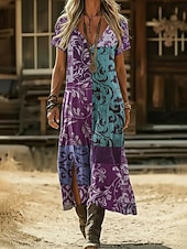 halpa Etninen Boho Mekko-Naisten Maksimekko Boho-mekko Rento mekko A linjainen mekko Painatus mekko Muoti Moderni ulko- Loma Viikonloppu Loose Fit Kukka Kuvitettu Lyhythihainen V kaula-aukko Laivastosininen Purppura Apila