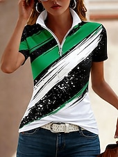 tanie Koszulka w paski i geometryczna-Damskie Podkoszulek Zamek Quarter Zip Graficzny Geometryczny Kolorowy blok Tropikalny Hawajskie Elegancki Krótki rękaw Wysoki Zwykłe topy Ślub na plaży Codzienny Sport Rumiany róż Czerwony