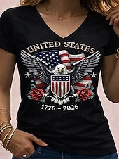  Damen 250. Jubiläums Patriotic T-Shirt Druck Grafik Flagge Vintage Stilvoll Klassisch Kurzarm V-Ausschnitt Reguläre Oberteile Alltag Blau Schwarz Weiß Rot Sommer Frühling