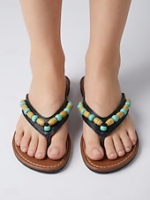 preiswerte Rutschsandalen-Schwarze Boho-Flip-Flops mit Perlenbesatz für Damen – bequeme flache Sandalen mit türkisfarbenen Akzenten &amp;Akzente aus Holzperlen für Inselurlaube, Santorini-Urlaube &amp;Strandspaziergänge