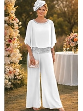 billiga Mammas byxdräkter-Tvådelad Byxor Golvlång Klänning till brudens mor Halvlång ärm Båthals Elegant Vintage Enkel Bröllopsgäst Helgdag Formell kväll Chiffong med Paljett