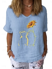 preiswerte Hemden-Damen Baumwoll Mischung Bluse Patchwork Druck Grafik Stilvoll Klassisch Modern Kurzarm V Ausschnitt Normale Oberteile Täglich Ferien Ausgehen Weiß Gelb Dunkelblau Grau Leicht Blau Sommer Frühling