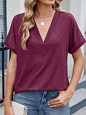 お買い得  プレーンTシャツ-女性用 Tシャツ ティートップ 平織り ファッション スタイリッシュ クラシック 半袖 Ｖネック レギュラートップス 日常 お出かけ 週末 ブラック ホワイト ピンク ワイン ネイビーブルー 夏 春