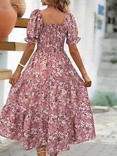 cheap Casual Floral Dresses-Women's Midi Dress Casual Dress Floral Dress Elegant Fashion Modern Outdoor Vacation Going out Regular Fit Floral Short Sleeve Square Neck Blue Black White Pink Summer Spring