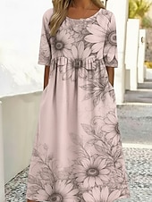  女性用 ミディドレス カジュアルドレス プリントドレス ファッション アウトドア バケーション お出かけ ルーズフィット フラワー グラフィック ハーフスリーブ クルーネック ライトイエロー ライトピンク ライトグリーン グレー 夏 春