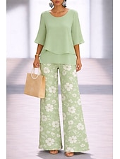 voordelige Blousepakken voor dames-Dames Broeken Sets Halve mouw Vlinder Ronde hals Grafisch Geometrisch Elegant Vakantie Casual Dagelijks Paars Groen Beige Lente zomer Ruim Passend