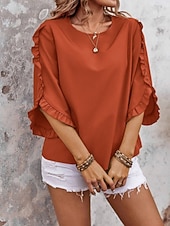 abordables Blusas Elegantes-Mujer Camisa Blusa Blusa con volantes Volante Plano Elegante Clásico Moderno Manga 3/4 Cuello Barco Tops regulares Diario Festivos Noche Negro Rojo Naranja Verde Trébol Albaricoque Verano Primavera