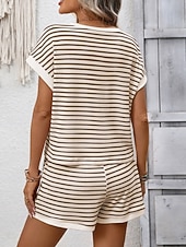 cheap Women's Blouse Suits-Women's Two Piece Sets Shorts Sets Short Sleeve Crew Neck Striped Fashion Streetwear Casual Daily Outdoor Black Pink Dark Pink Summer Regular Fit