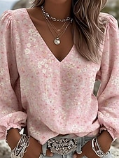 ieftine Bluze Art&amp;Design-Pentru femei Bluză Imprimeu Floral Boemia Epocă Casual Manșon Lung În V Topuri obișnuite Zilnic Albastru piscină Negru Alb Roz Îmbujorat Roșu Vin Vară Primăvară Toamnă