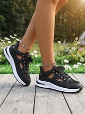 abordables Zapatillas de mujer-Zapatillas beige con cortes para mujer: zapatos informales transpirables con cordones para uso diario, para caminar y viajar.