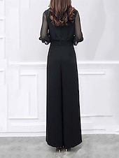 cheap Jumpsuits-Women's Normal Jumpsuit Active Solid Color Long Sleeve Wide Leg V Neck Patchwork Daily Vacation Regular Fit Black Summer