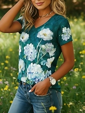 economico T-shirt floreale-Per donna Camicia Boho Maglietta Stampato Floreale Grafico Bohemien Vintage Classico Manica Corta Scollo a V Top Regolari Quotidiano Rosa Verde scuro Viola Verde Rosa Estate Primavera