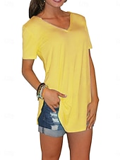 abordables Camiseta lisa-Mujer Camiseta Camiseta superior Color sólido Moda Básico Clásico Manga Corta Escote en Pico Tops cortos Diario Noche Fin de semana Negro Blanco Amarillo Gris Verano Primavera