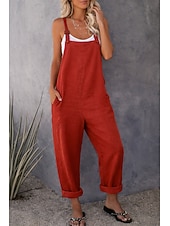 preiswerte Hose-Damen Modisch Overall Jumpsuit Seitentaschen In voller Länge Hose Casual Wochenende Unelastisch Glatt Leinenoptik Komfort Mittlere Taillenlinie Grün Schwarz Rote S M L XL XXL