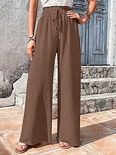 cheap Wide Leg &amp; High Waisted-Women's Wide Leg Chinos Vacation Streetwear Casual Full Length Medium Waist Plain Drawstring Pocket Elastic Waist Comfy Comfort Breathable Micro-elastic Daily Outdoor Streetwear Pea-Green Black Red