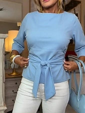 voordelige Effen Blouses-Dames Blouse strik voorkant Effen Kleur Stijlvol Casual Lange mouw Boothals Normale tops Dagelijks blauw Zwart Oranje Licht Blauw Lente Herfst
