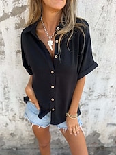 preiswerte Einfache Blusen-Damen Bluse Knöpfe Einfarbig Täglich Basic Lässig Dreiviertelarm Hemdkragen Normale Oberteile Täglich Schwarz Weiß Rote Violett Kamel Sommer Frühling
