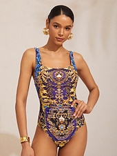 economico Costumi da bagno di stilisti-Costume da bagno intero elasticizzato blu notte barocco