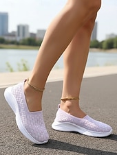 cheap Women's Sneakers-Women's Light Purple Flyknit Slip-On Sneakers – Lightweight Breathable Comfort Walking Shoes for Daily Wear, Travel and Long Hours Standing