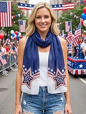 preiswerte Zubehör-Patriotischer Damenschal aus Polyester-Chiffon, leicht und atmungsaktiv mit Sternenmuster, ideal für die Feierlichkeiten zum 250. Jahrestag der USA, den Unabhängigkeitstag, den Alltag und den Urlaub.