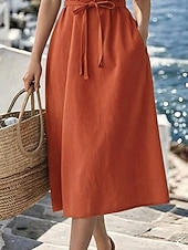 economico Vestiti-Per donna Abito Midi Finto cotone e lino Abito a trapezio Casual Quotidiano Vestibilità regolare Semplice Senza Maniche Girocollo Blu marino Arancione Beige Grigio Estate Primavera