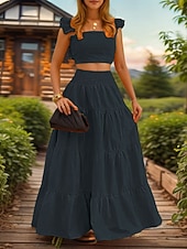 abordables Conjuntos de dos piezas-Mujer conjuntos de falda Sin Mangas Escote Cuadrado Plano Frunce Elegante Moda Ropa de calle Casual Diario Exterior Negro Blanco Amarillo Verano Ajuste regular