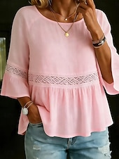 economico Bluse Semplici-Per donna Blusa Volant Traforato Tinta unica Lussuoso Casual Manica 3/4 Girocollo Top Regolari Quotidiano Bianco Giallo Verde chiaro Rosa Viola chiaro Estate Primavera Autunno