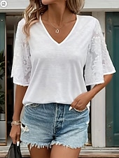 economico T-shirt semplice-Per donna Maglietta Top con cuciture in pizzo Pizzo Tinta unica Elegante Classico Casual Mezza Manica Scollo a V Top Regolari Quotidiano Uscire Weekend Bianco Estate Primavera