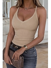 baratos Tanque Simples-Mulheres Tops tricotados em costura Malha Íntima Top ajustado Túnica Côr Sólida à moda quente Casual Sem Manga Decote V Alças Finas Tops regulares Diário Para Noite Preto Branco Vinho Roxo Marron