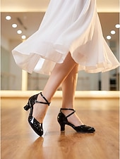 abordables Zapatos de salón y de baile moderno-Zapatos de baile de salón para mujer, color burdeos charol, con tira cruzada, tacón bajo, estilo clásico para vals y foxtrot. &amp;Tacones de baile cómodos y elegantes para practicar.