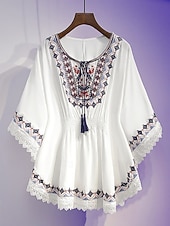 abordables Tops bohèmes-Femmes Chemisier Dentelle Broderie Couleur Unie Bohème Vacances Occasionnel Manche 3/4 Col ras du cou Hauts Réguliers Quotidien Bleu Blanche Été Printemps Automne