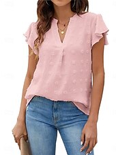 abordables T-shirt uni-Femmes Chemisier A Volants Couleur Unie Élégant Occasionnel Manche Courte Col en V Hauts Réguliers Quotidien Bleu Noir Blanche Rose Claire Fuchsia Été Printemps