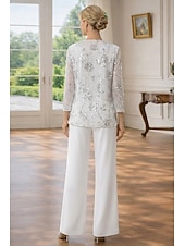 cheap Mom's Pant Suits-3 Piece Pantsuit Floor Length Mother of the Bride Dress Sleeveless 3/4 Length Sleeve Scoop Neck Elegant Simple Embellished Formal Wedding Guest Formal Evening Chiffon Sequined with Sequin