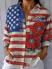  Amerikansk Uavhengighetsdag Dame Skjorte Knapper Trykk Grafikk Amerikas Jubileum Vintage Stilig Moderne Lange Ermer Skjorte Krage Vanlige topper Daglig Blå Svart Rød Rød  Blå Sommer Vår