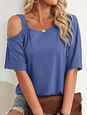 abordables T-shirt uni-Femmes T-shirt Œillet Uni Mode Élégant Classique Manche Courte Col asymétrique Hauts Réguliers Quotidien Sortir Week-end Bleu Noir Blanche Rose Claire Fuchsia Été Printemps