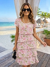 Χαμηλού Κόστους Floral φορέματα-Γυναικεία Φόρεμα μέχρι το γόνατο Φόρεμα ριχτό Καλοκαιρινό φόρεμα Διακοπές Μπόχο Στυλ Παραλίας Ημερομηνία Κανονικό Φλοράλ Γραφική Κοντομάνικο Στρογγυλή Ψηλή Λαιμόκοψη