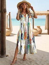 preiswerte Streifen- und geometrische Kleider-Damen Maxikleid A Linie Kleid Lässig Täglich Normale Passform Geometrisch Kurzarm V Ausschnitt Schwarz Weiß Orange Grün Sommer Frühling