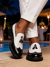 cheap Men-Men's Black and White Tassel Loafers Two-Tone Slip-On Dress Shoes for Weddings, Cocktail Parties, Resort Evenings, Banquets, Prom, Fashion Formal Occasion Wear