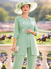 preiswerte Hosenanzüge für Mama-Overall Hosenanzug Dreiteilig Bodenlang Brautmutterkleid Dreiviertelarm Rundausschnitt Elegant Formell Hochzeitsgast Chiffon Spitze Paillettenbesetzt mit Spitze Paillette