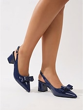 voordelige Slingback Pumps-Elegante damespumps van marineblauw lakleer - chique pumps met spitse neus en strik. &amp;Stevige blokhak voor kantoorwerk, business casual &amp;dagelijkse professionele kleding